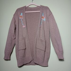 Shein pink cardigan sweater with floral and pockets. Size small over sized